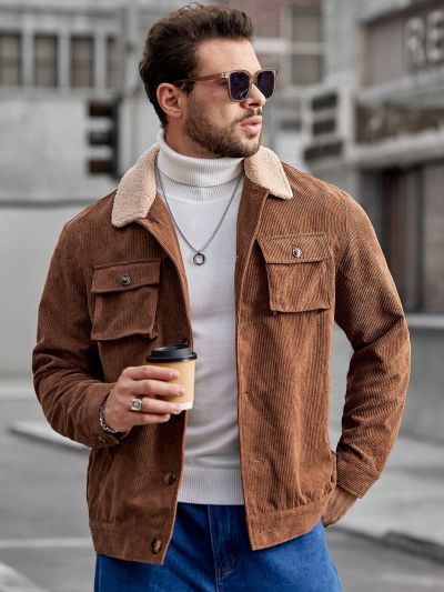 Manfinity Homme Men Plus Borg Collar Flap Pocket Corduroy Jacket