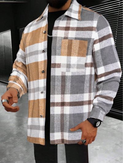 Men Plaid Print Pocket Patched Shacket