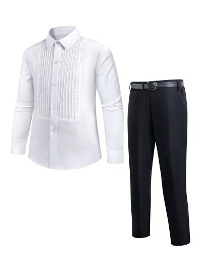 Boys' Solid Color Long Sleeve Dress Shirt Two-Piece Set For Spring, Performance, Show