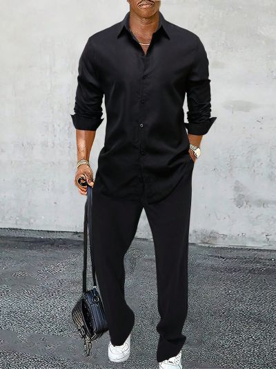 Manfinity 2pcs/set Men's Solid Color Single-breasted Coat And Trousers Outfit