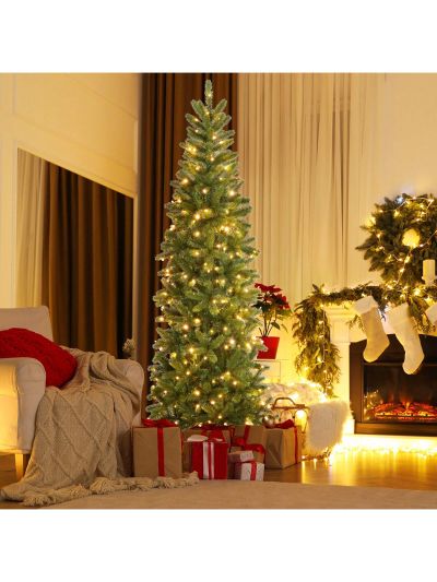 Gymax 7.5FT Hinged Pre-lit Christmas Slim Pencil Tree w/ 10 Lighting Modes & 796 Tips