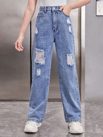 Teenagers' Elastic-Free Casual Loose Fit Irregular Ripped Jeans