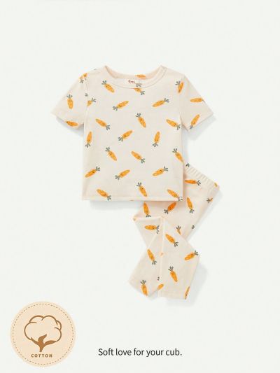 Cozy Cub Baby Girl Snug Fit Knit Carrot Pattern Cartoon Short Sleeve Top & Footed Pants Home Wear Pajama Set