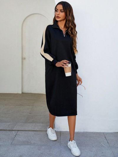 SHEIN Essnce Women'S Color Block Half Open Placket Long Sweatshirt Dress