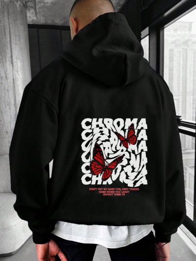 Manfinity EMRG Men's Letter & Butterfly Pattern Printed Hooded Sweatshirt