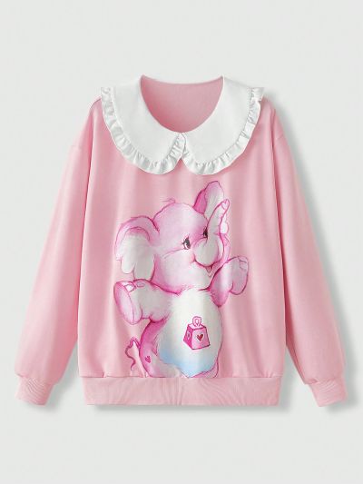 ROMWE X Care Bears Women's Cartoon Printed Color Block Doll Collar Sweatshirt