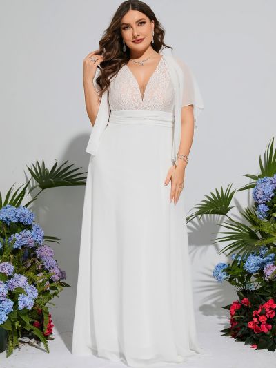 Plus Contrast Lace Cloak Sleeve Plunging Neck Wedding Dress