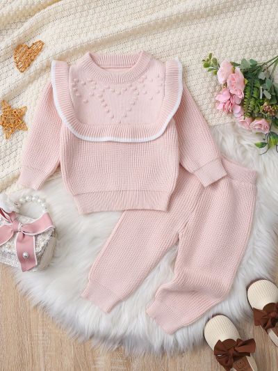 Infant Girls' Color Block Knitted Sweater With Trim And Knit Pants Set, New Arrival For Autumn And Winter