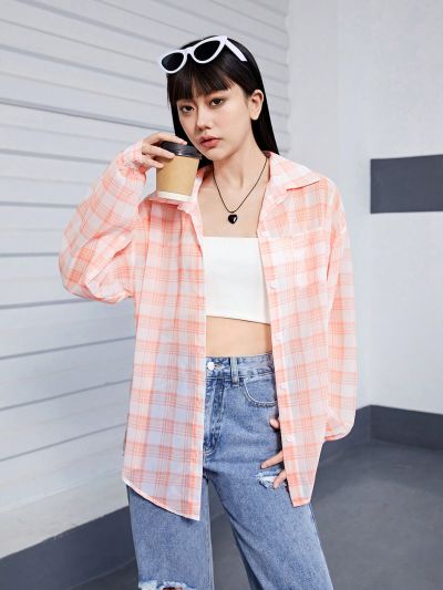 Teen Girls' Casual College Style Half-Transparent Sun Protection Checkered Shirt