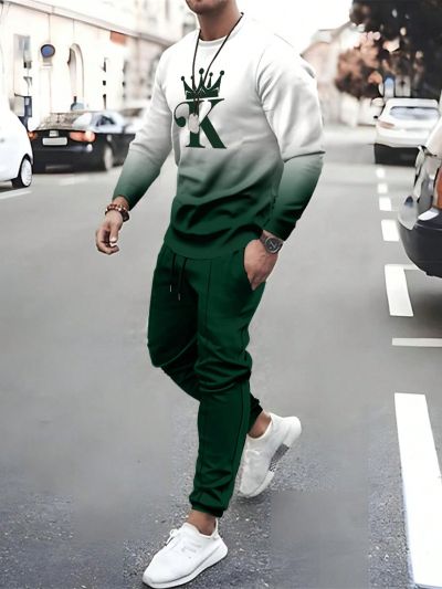 Men's Ombre Crown & Alphabet Pattern Printed Sweatshirt And Jogger Pants Two-piece Set