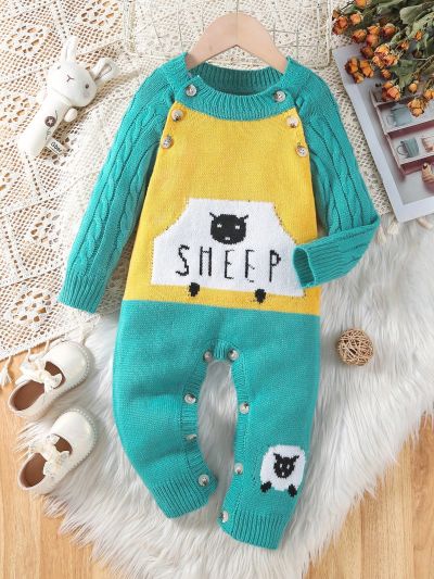 Baby Girls' Color Block Letter Patchwork Sweater Jumpsuit With Raglan Sleeve