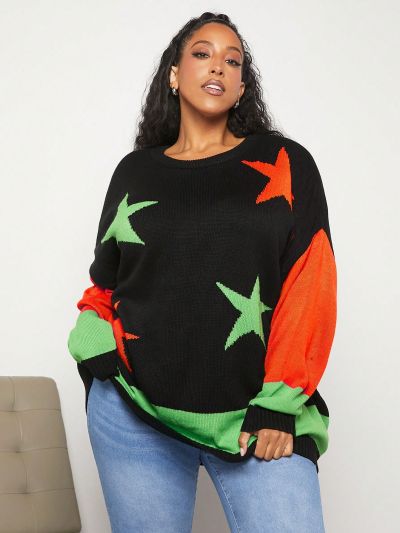 SHEIN CURVE+ Plus Size Women'S Loose Fit Casual Sweater With Contrast Color Star Pattern