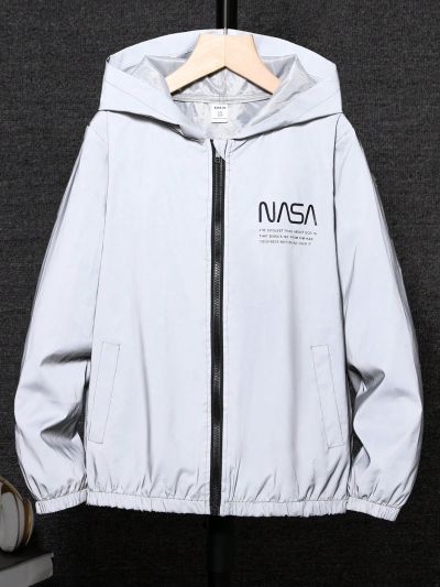 SHEIN Tween Boys' Reflective Letter Printed Hooded Jacket