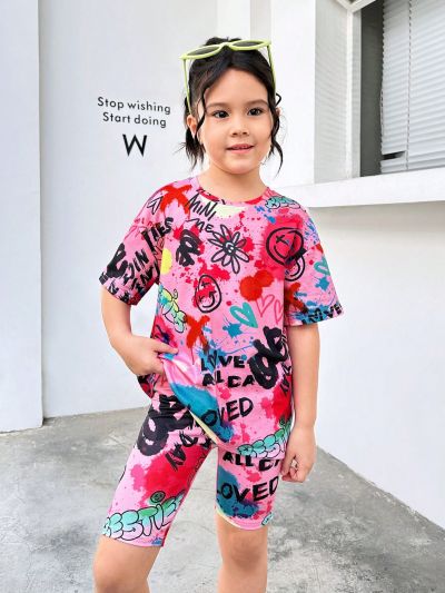 Young Girls' Fashionable Knitted Graffiti Print Sports Tracksuit