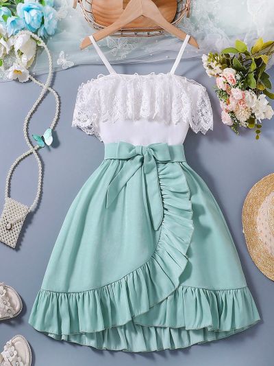 SHEIN Kids EVRYDAY Tween Girls' Off-Shoulder Lace Trim Top And Skirt Set