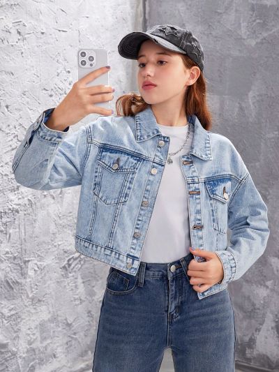 Teen Girls' Casual Fashionable Light Blue Washed Denim Jacket