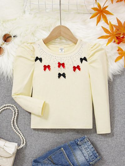 SHEIN Kids FANZEY Cute Bow Knot Tie Decor Girls' T-Shirt