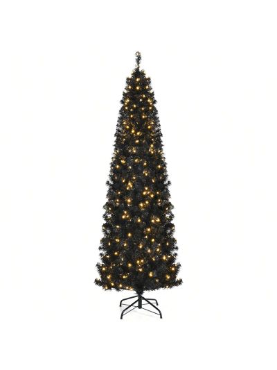 Gymax 6/7 FT Pre-lit Black Christmas Tree Artificial PVC Slim Pencil Halloween Tree