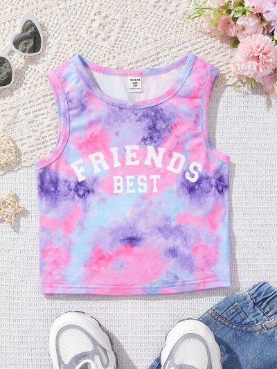 SHEIN Kids EVRYDAY Tween Girls' Knitted Tie Dye Round Neck Letter Print Crop Top