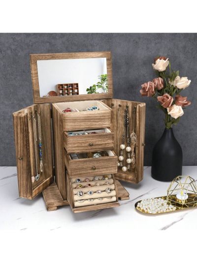 Jewelry Box for Women, Rustic Wooden Jewelry Boxes & Organizers with Mirror, 4 Layer Jewelry Organizer Box Display for Rings Earrings Necklaces Bracelets