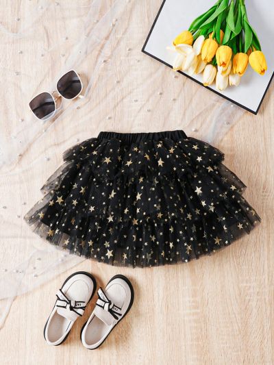 SHEIN Kids QTFun Little Girls' Mesh Skirt With Gold Foil Star Print