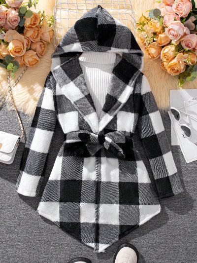Tween Girls Plaid Hooded Fleece Coat With Waist Belt For Warmth