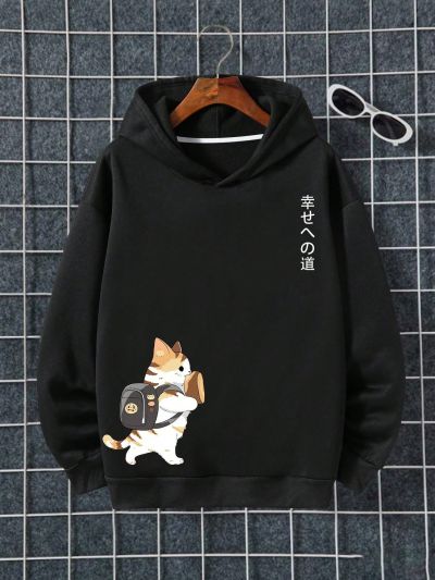 Teen Boys' Cartoon Cat Print Hooded Sweatshirt