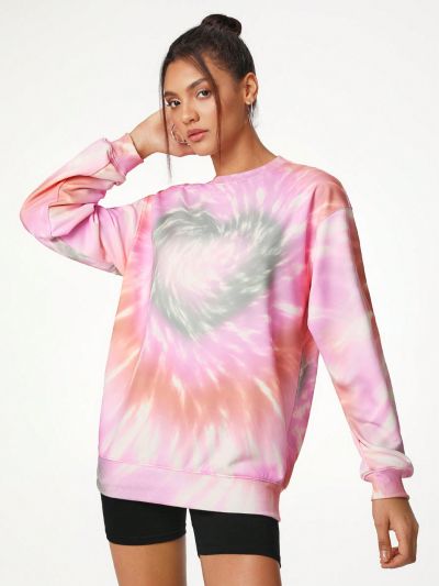 Carola Prints Loose Fit Tie-Dye Heart Printed Sweatshirt With Crew Neck