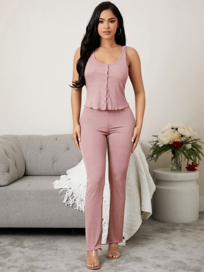Button Front Lettuce Trim Tank Top & Pants Lounge Set