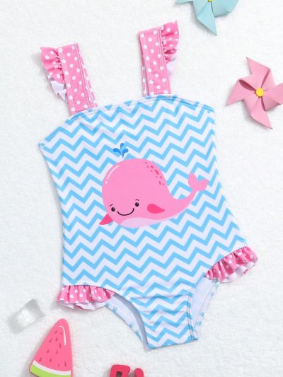 Infant Girls' Checkered Cartoon Patchwork Polka Dot Printed One-Piece Swimsuit For Beach