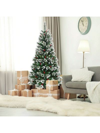 Gymax 6 FT Artificial Christmas Tree Snow Flocked Hinged Tree w/ Red Berries
