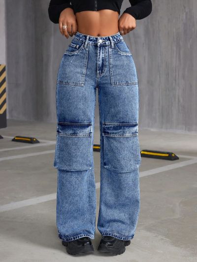SHEIN ICON Women'S Cargo Denim Wide Leg Pants