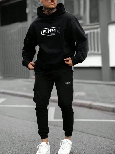 Manfinity Hypemode Men's Letter Pattern Hooded Sweatshirt And Sports Pants Set