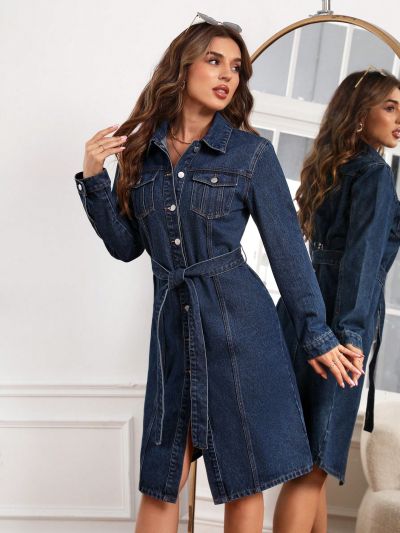 SHEIN Privé Women's Denim Single-breasted Split Hem Midi Dress