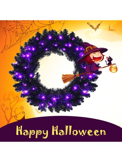 Costway 24inch Pre-lit Christmas Halloween Wreath Black w/ 35 Purple LED Lights