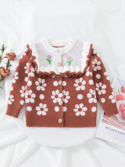 SHEIN Kids EVRYDAY Little Girls' Flower Pattern Embroidery Knitted Cardigan With Buttons