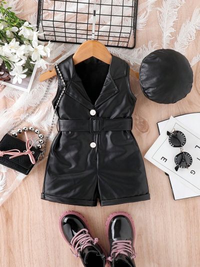 Baby Girl Sleeveless Jumpsuit With Suit Collar And Shorts