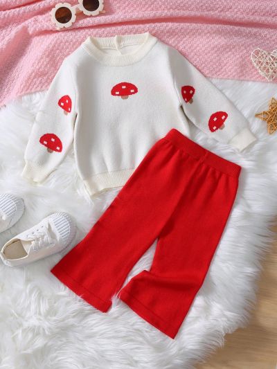 Baby Girl Mushroom Pattern Sweater & Knit Pants