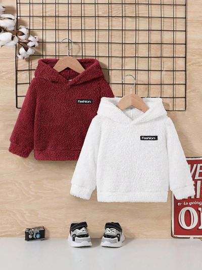 SHEIN Baby Boys' Casual Solid Color Letter Embroidery Hooded Sweatshirt And Pants Set With Fleece Lining