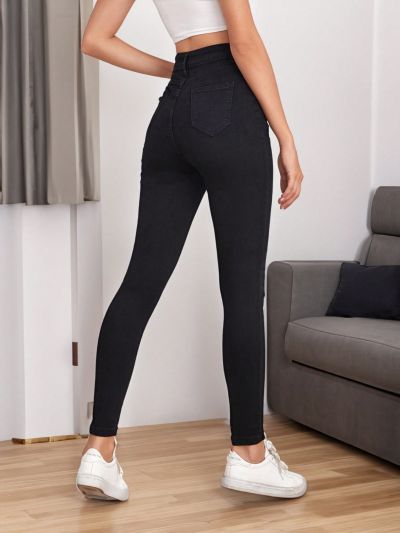 SHEIN LUNE Ladies' Solid Colored Slim Fit Denim Pants