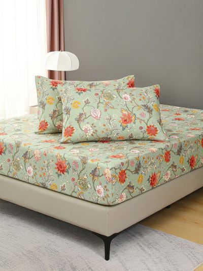 3pcs Fitted Sheet Set, 90g Polyester Flannelette, Plant And Floral Element Patterns, 1 Fitted Sheet And 2 Pillowcases