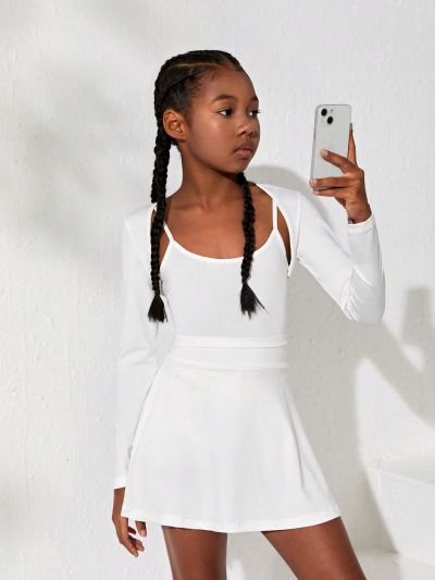 SHEIN Tween Girls' Knitted Solid Color Long Sleeve Cardigan + Cami Top + Half Skirt Sports 3-piece Set