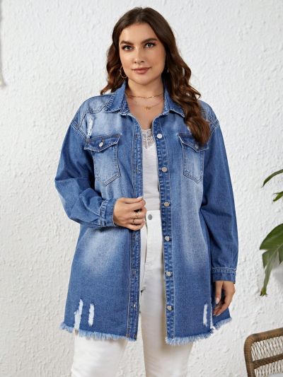Plus Size Washed Denim Jacket With Frayed Hem Detail