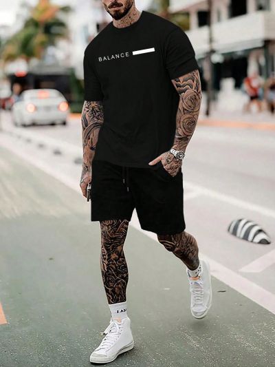 Manfinity Men's Plus Size Letter Print Short Sleeve T-Shirt And Shorts 2pcs/Set