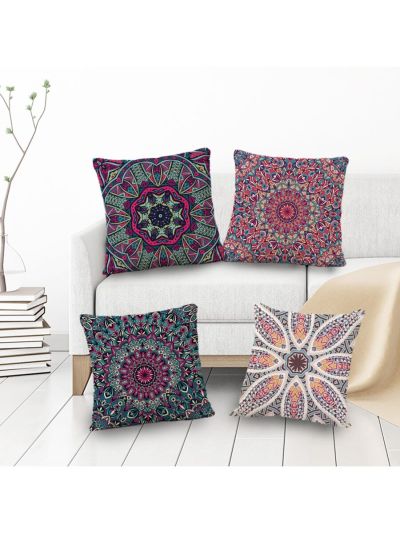4pcs Beach Bohemian Geometric Flower Pattern Pillowcase Sofa Home Decor Pillow Covers, Pillow Core Not Included