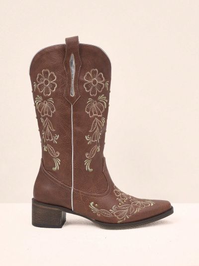 Styleloop Women'S Western Cowboy Boots With Spring Embroidered Flowers