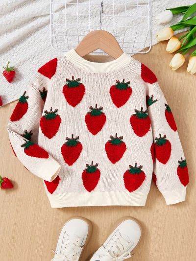 SHEIN Kids KDOMO Girls' College Style Loose Fit Round Neck Sweater With Long Sleeve