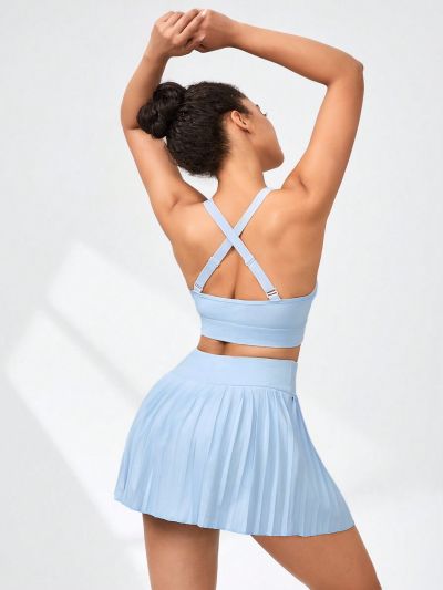SHEIN Daily&Casual Women's Solid Crisscross Strap Sleeveless Top And Pleated Skirt Sportswear Set