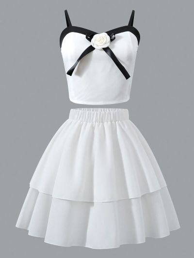 Teenage Girls' Contrast Color 3d Flower Design Cami Top And Solid Color Skirt Set