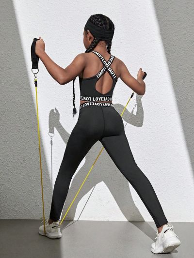 SHEIN Tween Girls' Knitted Pure Color Spliced Letter & Ribbon Decor Tank Top And Pants Sportswear Set